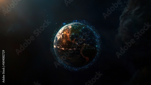 Earth at night, glowing with city lights, seen from space, dark cosmic background.