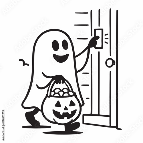 Adorable child dressed as a friendly ghost enthusiastically ringing a doorbell on a spooky night