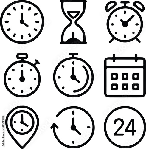 Silhouette time management icons set showing urgency deadline vector illustrator