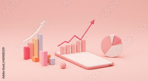 Pastel Colored Business Charts and Graphs Displayed with a Smartphone on a Pink Background Showcasing Growth and Financial Data