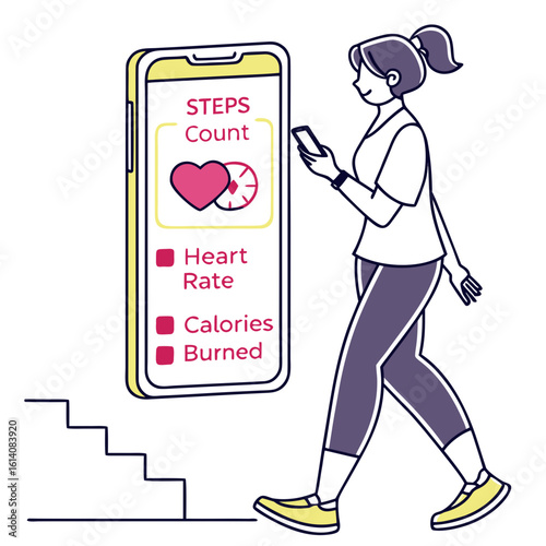 A smartphone screen showing steps count, heart rate, and calories burned, with abstract wellness icons, flat minimal style, bright neon accents, white background.