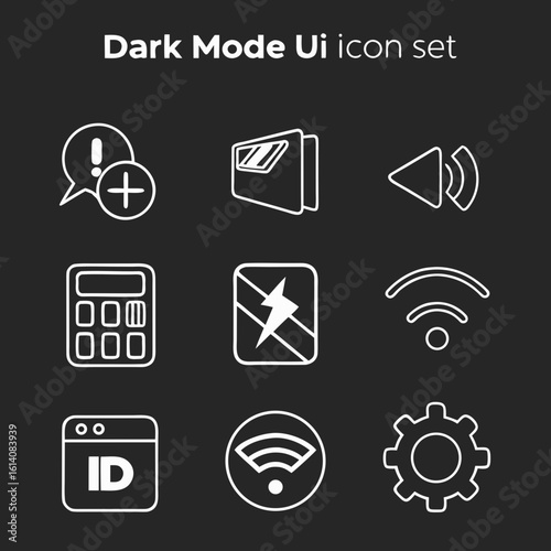 Dark mode UI icon set with white line icons on black background – responsive, tech-friendly, suitable for dashboards and mobile interfaces