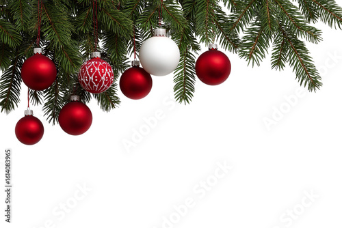 Christmas tree branches with red and white ornaments on an isolated background, top view, with white space for text. 
