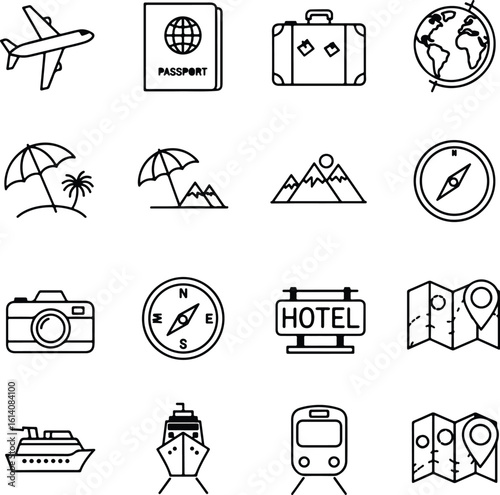 Silhouette travel icon set passport airplane cruise ship vector illustrator