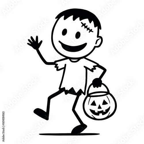 A friendly cartoon zombie character cheerfully holding a bucket overflowing with halloween candy treats