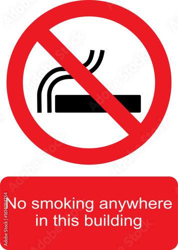 Black, white and red vector graphic of No smoking anywhere in the building prohibited warning sign