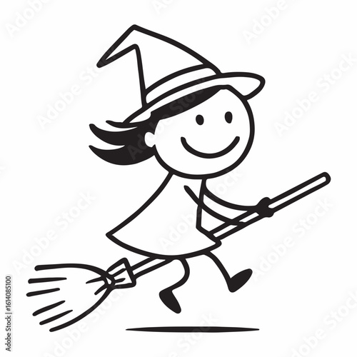 A cheerful stick figure witch joyfully soaring through the night sky on her broomstick