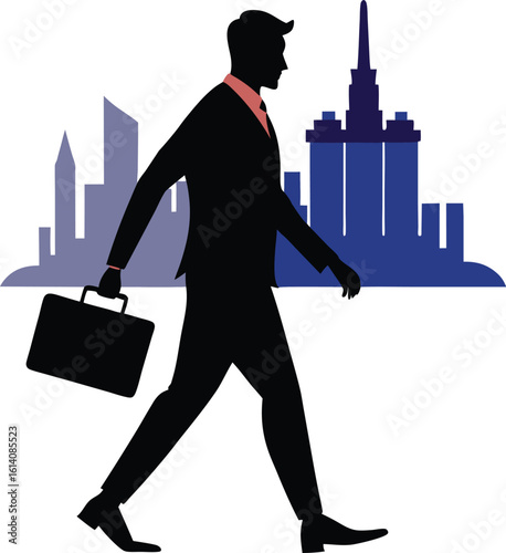 Modern executive walking with city silhouette background vector illustration