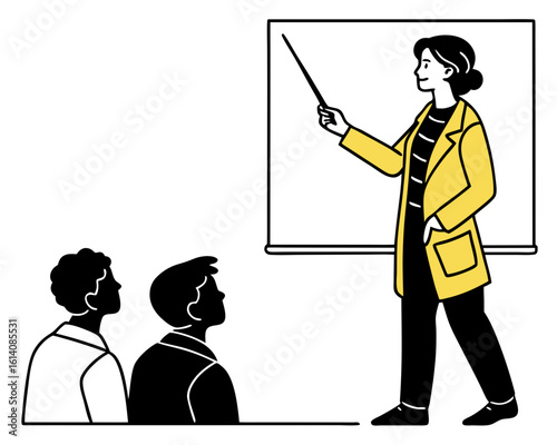  female teacher giving a presentation to students in a classroom setting isolated on white background.