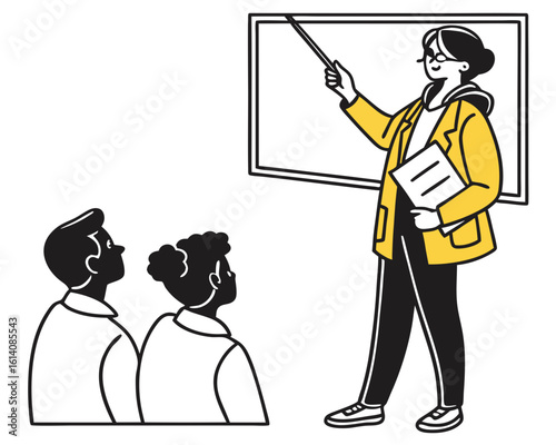 teacher presenting to students on whiteboard illustration design and isolated on white background.