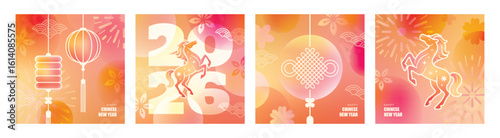 Set of modern vertical banners for Chinese New Year 2026. Modern design with a rearing horse zodiac symbol integrated into the year number, traditional lanterns, and good luck knots