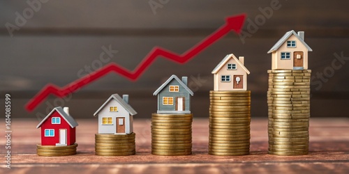 miniature houses on stacks of gold coins with a red upward arrow in the background.