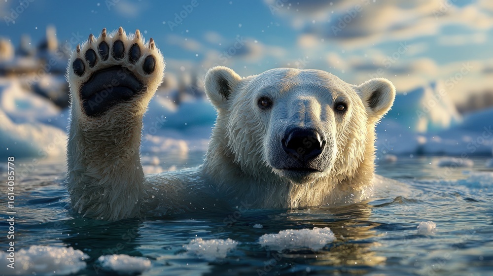 Fototapeta premium Playful polar bear raising a paw in icy arctic waters.