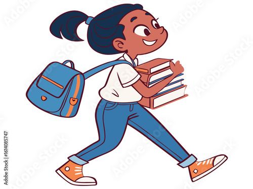 a smiling schoolgirl walking with her backpack and books isolated on white background.