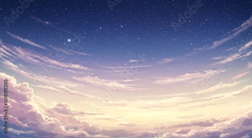 幻想的な夜明け、無数の星と雲が美しく広がる空。