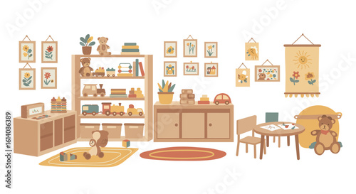 Cozy nursery room with toys in warm earth tones and playful decor elements