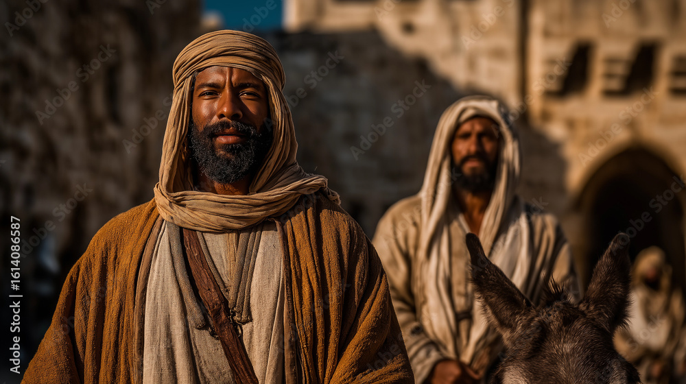 Naklejka premium The Samaritan and donkey approaching the city gate at sunrise with golden light behind them...