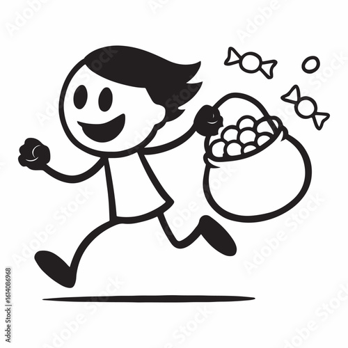 Joyful child with a brimming bucket of colorful candies running with excitement and delight