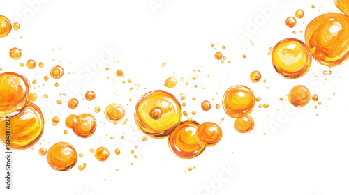 Watercolor golden amber liquid bubbles float and shimmer against a clean transparent background