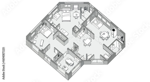 Modern isometric floor plan of spacious three bedroom apartment with detailed interiors
