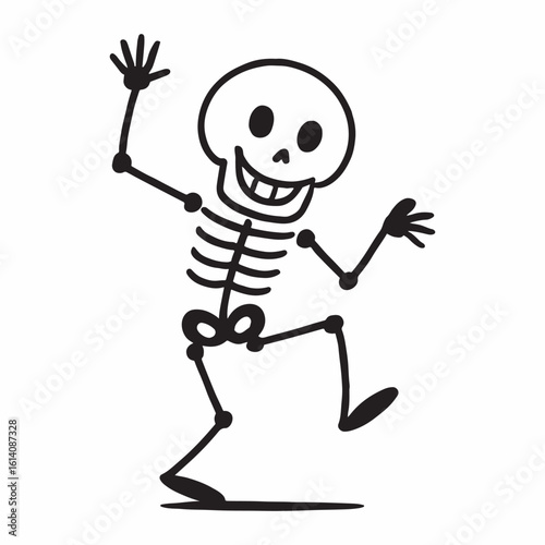 A humorous cartoon illustration of a skeleton enthusiastically performing a comical and energetic dance routine