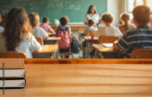 School desk with copy space and blurred students and teacher in classroom background. School-related atmosphere of learning, back-to-school excitement, and education in progress.