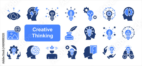 Creative Thinking icon collection set. Artistic, Brainstorm, Creative, Creativity, Divergent, Idea, Imagery, Insightful, Innovative, Originality.