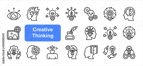 Creative Thinking icon collection set. Artistic, Brainstorm, Creative, Creativity, Divergent, Idea, Imagery, Insightful, Innovative, Originality.