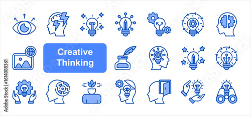 Creative Thinking icon collection set. Artistic, Brainstorm, Creative, Creativity, Divergent, Idea, Imagery, Insightful, Innovative, Originality.