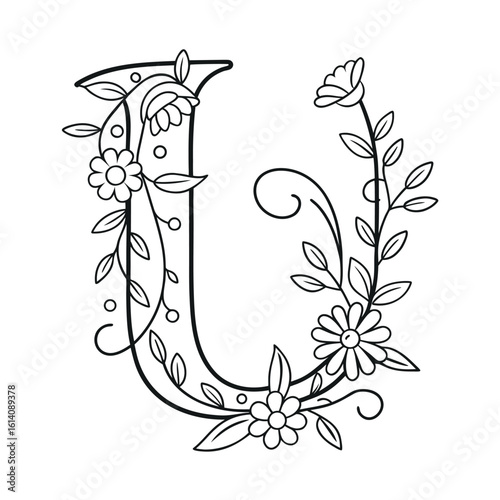 Elegant floral alphabet letter u line art with blossoms