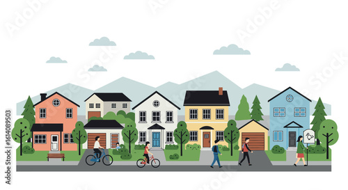 Charming neighborhood street scene with people and houses in flat design