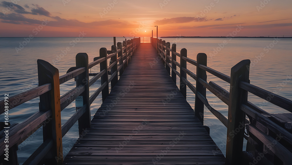 Obraz premium Old Abandoned Jetty at Sunset, Deserted Wooden Pier at Sunset, Enchanted sunrise hues illuminate lake, ancient wooden jetty reaching towards light , purple, light, created with generative ai