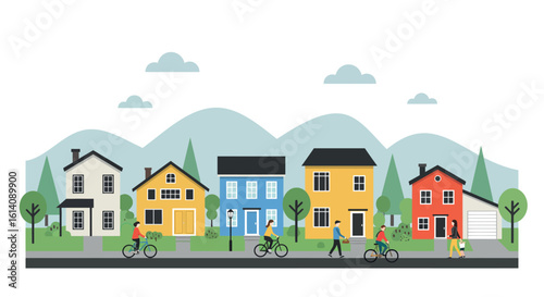 Flat urban neighborhood scene with bicyclists and pedestrians in front of colorful houses