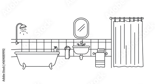 Simple bathroom interior design with shower and bathtub in linear art