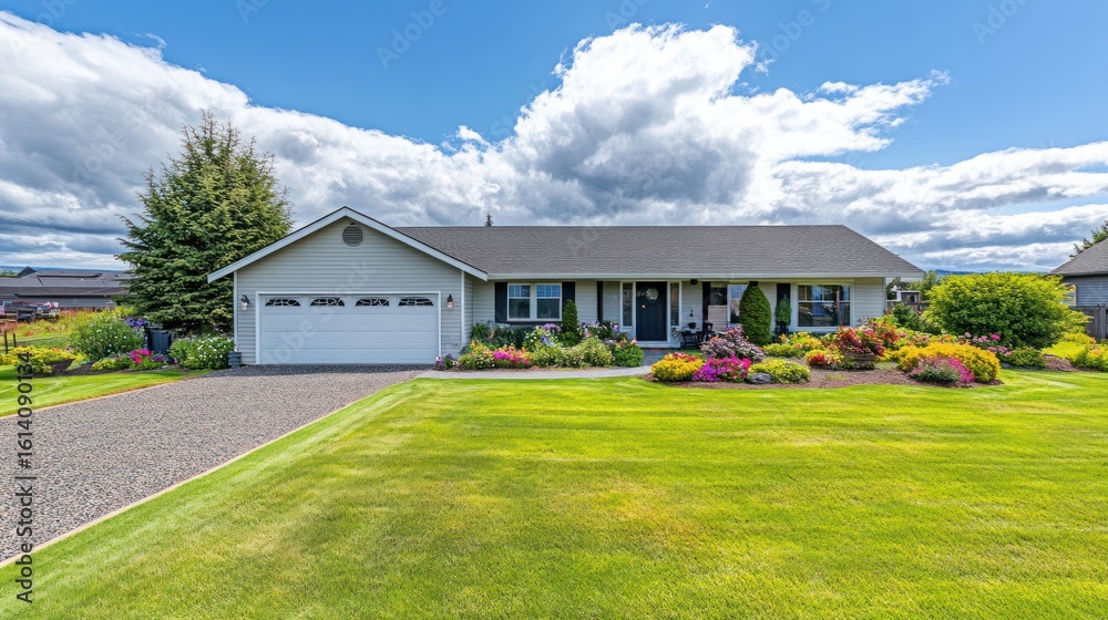 Obraz premium Ranch-style house, sunny day, landscaped yard, rural setting, real estate listing