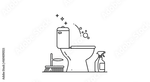 Minimalist linear design of clean toilet with bubbles and cleaning tools