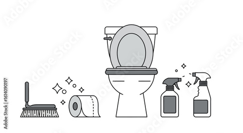 Minimalist bathroom cleaning set with toilet and cleaning products in outline style
