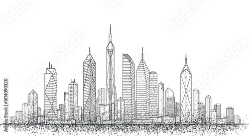 Futuristic linear city skyline with modern skyscrapers in black and white