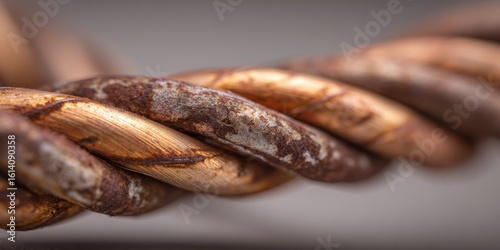 Close-up of twisted copper wires with stripped insulation, arranged over a ceramic insulator block.