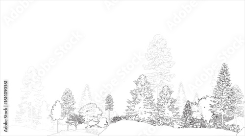 Architectural Drawings, Minimal style cad tree line drawing, Side view, set of section wetland forest outline for landscape design drawing. Vector illustration in seperate element