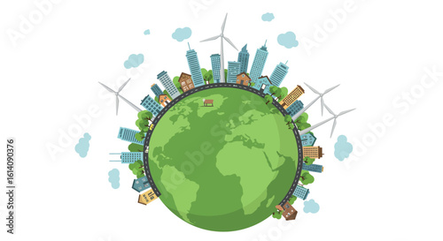 Eco-friendly urban world with wind turbines and green cities