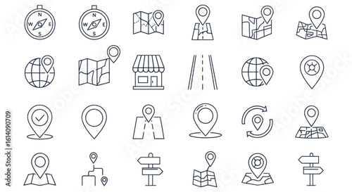 An array of map and location icons, including pins, routes, compasses, and navigational aids