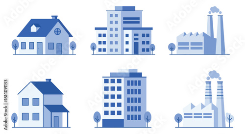 Flat urban and industrial building set in monochrome style