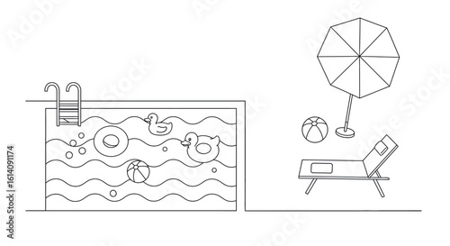 Minimalist poolside scene with ducks and lounger in simple outline style