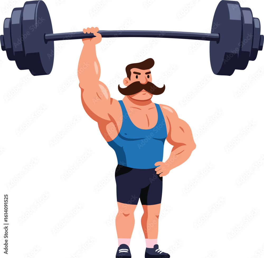 Obraz premium Muscular man lifting heavy barbell weight with one hand in fitness workout vector illustration