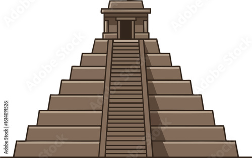 Ancient stepped pyramid with central staircase and temple structure on top vector illustration 