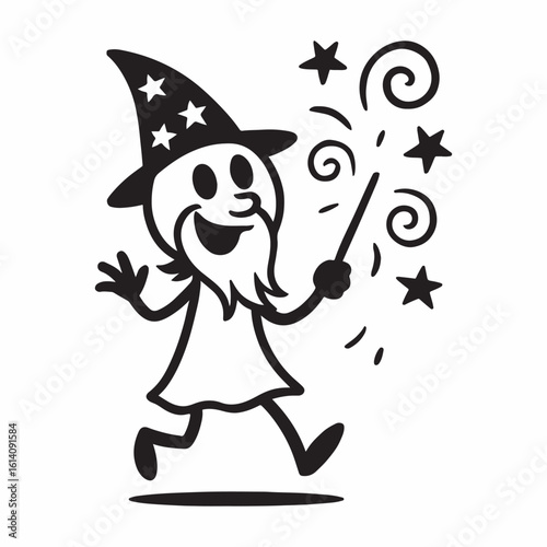 Whimsical stick figure wizard conjuring a hilarious and colorful magical effect with sparkles and swirls
