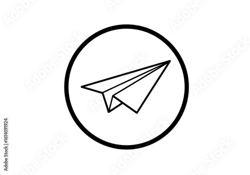 Paper airplane inside of a circle with a white background in a simple line drawing illustration