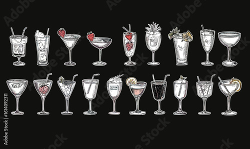 Set of twenty hand drawn cocktail illustrations in glasses with garnishes and straws on black background for bar menu and party drinks vector collection