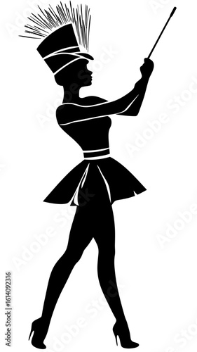 Silhouette of female majorette with high heel shoes holding baton wearing plume hat and short skirt isolated on white background vector illustration